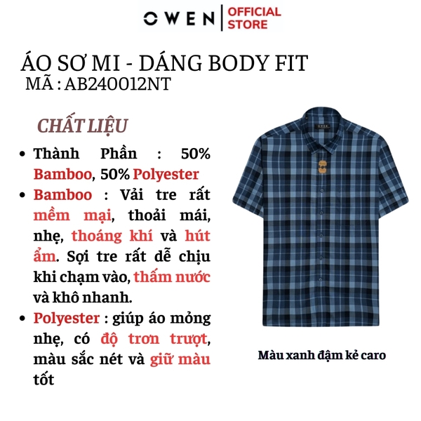 Áo Sơ Mi Nam Tay Ngắn Owen AB240012NT màu xanh dáng suông tà bằng có túi chất liệu sợi tre