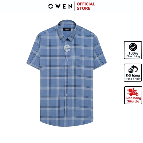 Áo Sơ Mi Nam Tay Ngắn Owen AR240025NT màu xanh tím kẻ caro dáng suông tà lượn có túi chất liệu nano
