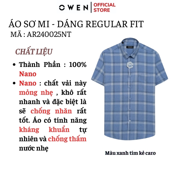 Áo Sơ Mi Nam Tay Ngắn Owen AR240025NT màu xanh tím kẻ caro dáng suông tà lượn có túi chất liệu nano