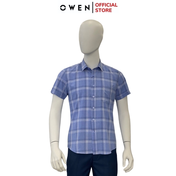Áo Sơ Mi Nam Tay Ngắn Owen AR240025NT màu xanh tím kẻ caro dáng suông tà lượn có túi chất liệu nano