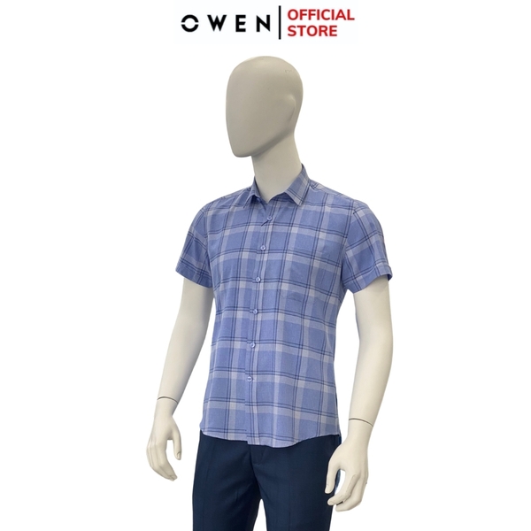 Áo Sơ Mi Nam Tay Ngắn Owen AR240025NT màu xanh tím kẻ caro dáng suông tà lượn có túi chất liệu nano