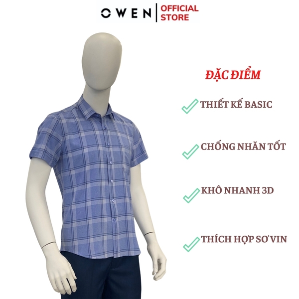 Áo Sơ Mi Nam Tay Ngắn Owen AR240025NT màu xanh tím kẻ caro dáng suông tà lượn có túi chất liệu nano