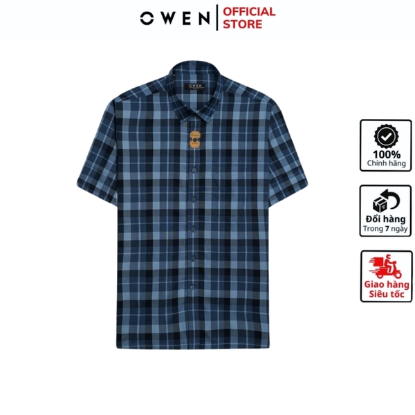Áo Sơ Mi Nam Tay Ngắn Owen AB240012NT màu xanh dáng suông tà bằng có túi chất liệu sợi tre