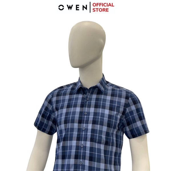 Áo Sơ Mi Nam Tay Ngắn Owen AB240012NT màu xanh dáng suông tà bằng có túi chất liệu sợi tre