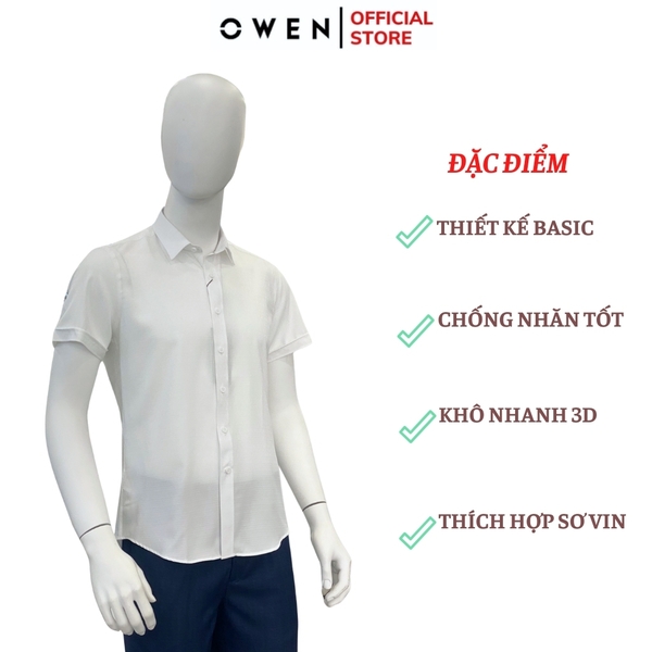 Áo Sơ Mi Nam Tay Ngắn Owen AR240031N màu trắng họa tiết ô nhỏ dáng suông tà lượn không túi chất liệu nano