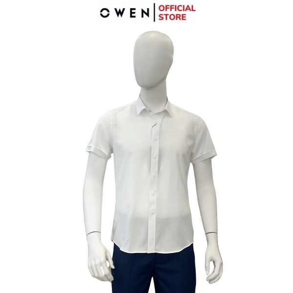 Áo Sơ Mi Nam Tay Ngắn Owen AR240031N màu trắng họa tiết ô nhỏ dáng suông tà lượn không túi chất liệu nano