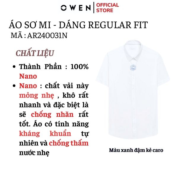 Áo Sơ Mi Nam Tay Ngắn Owen AR240031N màu trắng họa tiết ô nhỏ dáng suông tà lượn không túi chất liệu nano