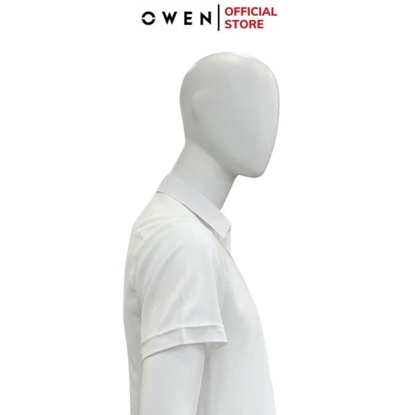 Áo Sơ Mi Nam Tay Ngắn Owen AR240031N màu trắng họa tiết ô nhỏ dáng suông tà lượn không túi chất liệu nano
