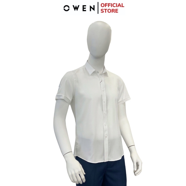 Áo Sơ Mi Nam Tay Ngắn Owen AR240031N màu trắng họa tiết ô nhỏ dáng suông tà lượn không túi chất liệu nano