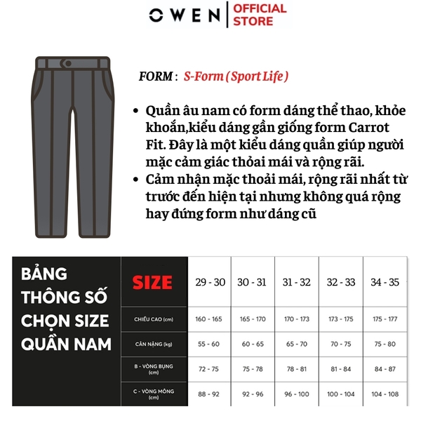 Quần Tây Nam Owen QG242422 màu đen dáng S-Form chất liệu poly