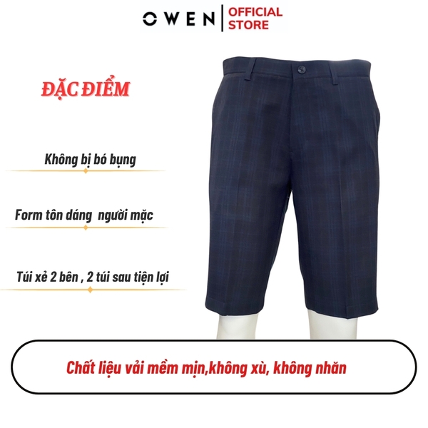 Quần Short Nam Owen SW231916 màu navy kẻ dáng slim fit chất liệu nano