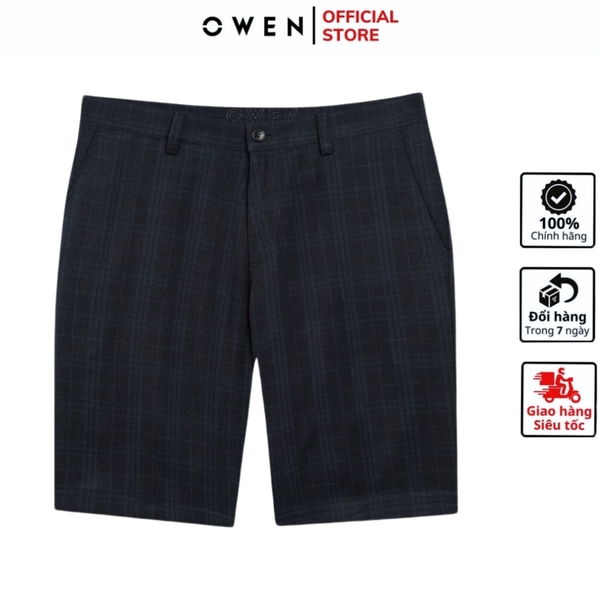 Quần Short Nam Owen SW231916 màu navy kẻ dáng slim fit chất liệu nano