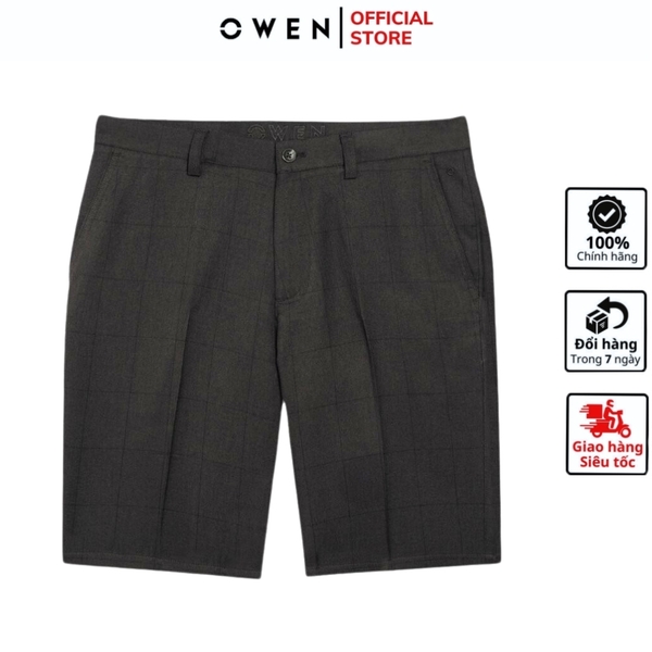 Quần Short Nam Owen SW231914 màu xám đậm kẻ caro dáng slim fit chất liệu nano