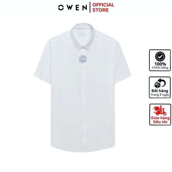 Áo Sơ Mi Nam Tay Ngắn Owen AR240031N màu trắng họa tiết ô nhỏ dáng suông tà lượn không túi chất liệu nano