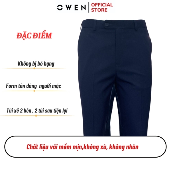 Quần Tây Nam Owen QRT242405 màu xanh tím than trơn dáng suông cạp tăng đơ chất liệu TR spandex