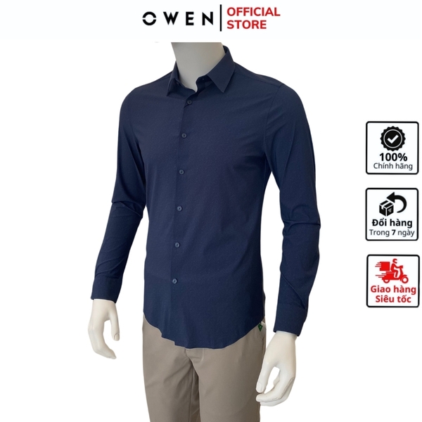Áo Sơ Mi Nam Tay Dài Owen AS240006D màu navy đậm dáng suông tà lượn không túi chất liệu Kint