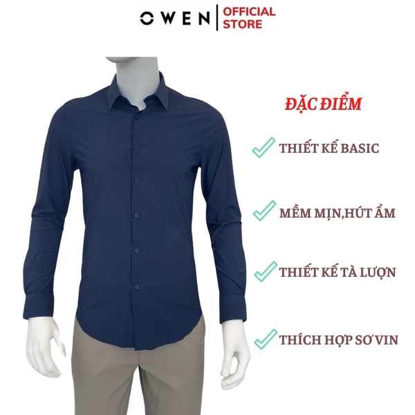 Áo Sơ Mi Nam Tay Dài Owen AS240006D màu navy đậm dáng suông tà lượn không túi chất liệu Kint