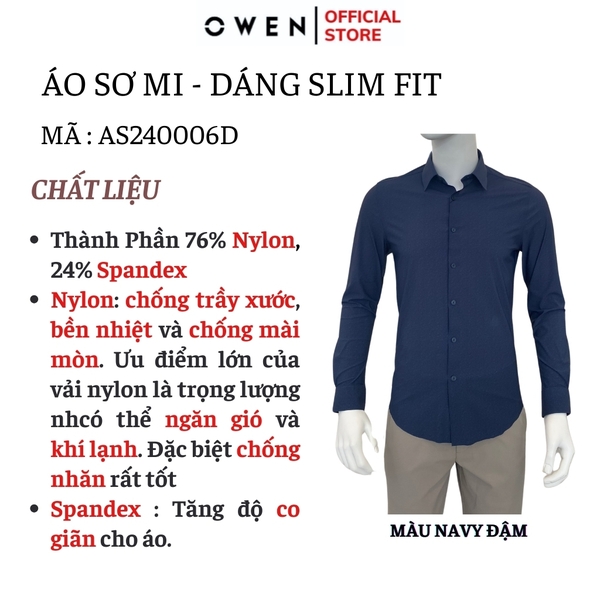 Áo Sơ Mi Nam Tay Dài Owen AS240006D màu navy đậm dáng suông tà lượn không túi chất liệu Kint