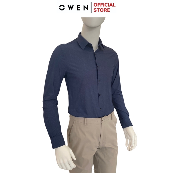 Áo Sơ Mi Nam Tay Dài Owen AS240006D màu navy đậm dáng suông tà lượn không túi chất liệu Kint