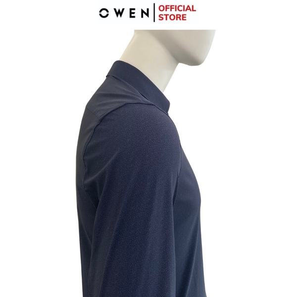 Áo Sơ Mi Nam Tay Dài Owen AS240006D màu navy đậm dáng suông tà lượn không túi chất liệu Kint