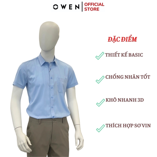 Áo Sơ Mi Nam Tay Ngắn Owen AR240049NT màu xanh dương nhạt kẻ sọc dáng suông tà lượn có túi chất liệu bambo spandex