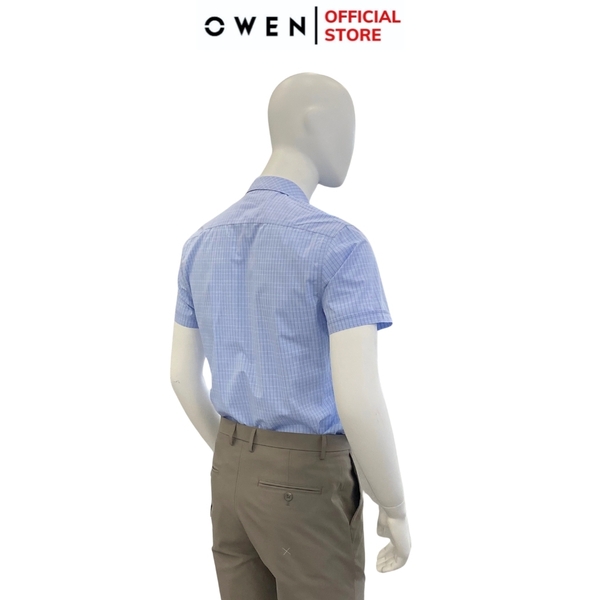 Áo Sơ Mi Nam Tay Ngắn Owen AR240058NT màu xanh nhạt kẻ caro nhỏ dáng suông tà lượn có túi chất liệu bambo poly