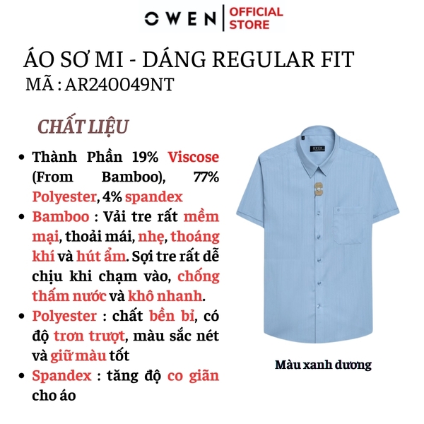 Áo Sơ Mi Nam Tay Ngắn Owen AR240049NT màu xanh dương nhạt kẻ sọc dáng suông tà lượn có túi chất liệu bambo spandex