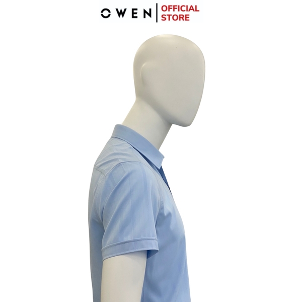 Áo Sơ Mi Nam Tay Ngắn Owen AR240049NT màu xanh dương nhạt kẻ sọc dáng suông tà lượn có túi chất liệu bambo spandex