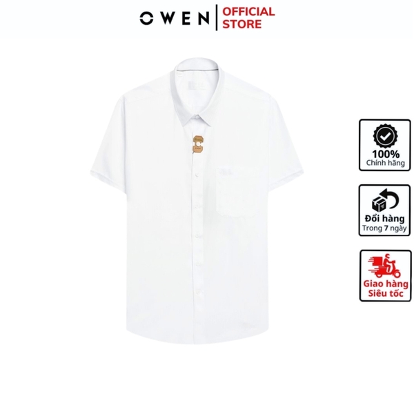 Áo Sơ Mi Nam Tay Ngắn Owen AR240062NT màu trắng sọc chìm dáng suông tà lượn có túi chất liệu bambo poly