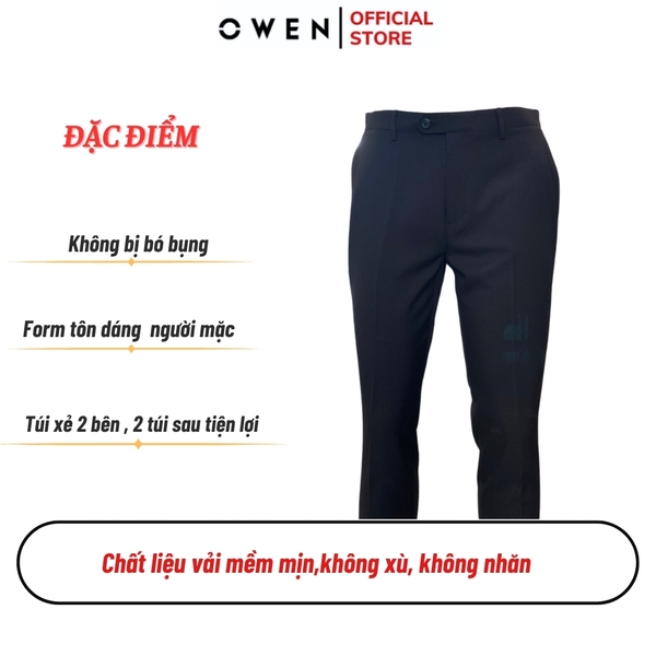 Quần Tây Nam Owen QST242419 màu đen trơn dáng slim fit cạp tăng đơ chất liệu polyester