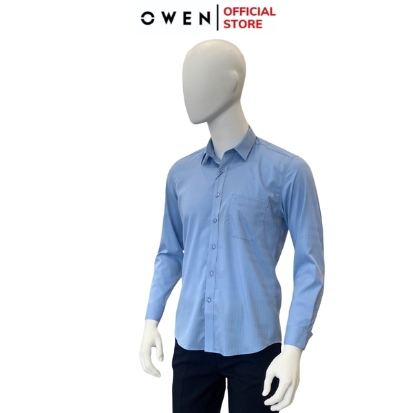 Áo Sơ Mi Nam Tay Dài Owen AR240033DT màu xanh nhạt sọc mờ dáng suông tà lượn có túi chất liệu Bamboo spandex