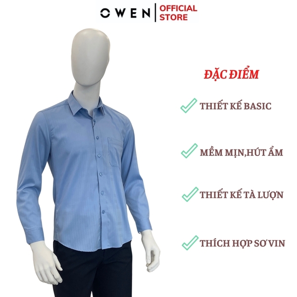 Áo Sơ Mi Nam Tay Dài Owen AR240033DT màu xanh nhạt sọc mờ dáng suông tà lượn có túi chất liệu Bamboo spandex
