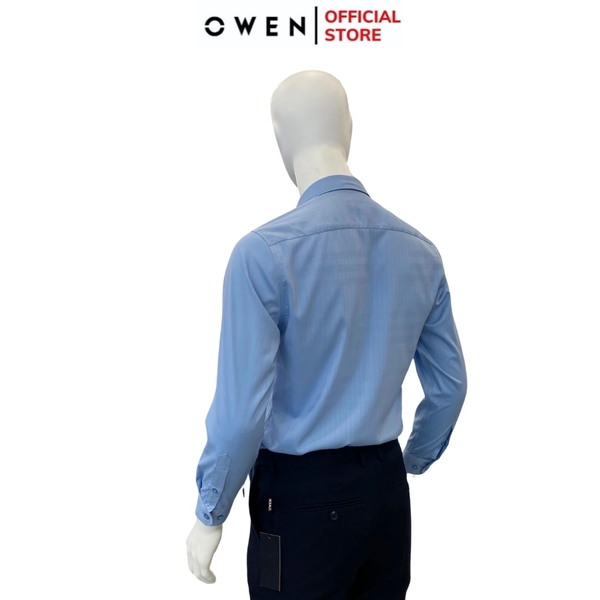 Áo Sơ Mi Nam Tay Dài Owen AR240033DT màu xanh nhạt sọc mờ dáng suông tà lượn có túi chất liệu Bamboo spandex