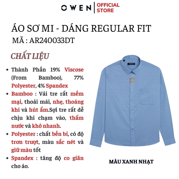 Áo Sơ Mi Nam Tay Dài Owen AR240033DT màu xanh nhạt sọc mờ dáng suông tà lượn có túi chất liệu Bamboo spandex