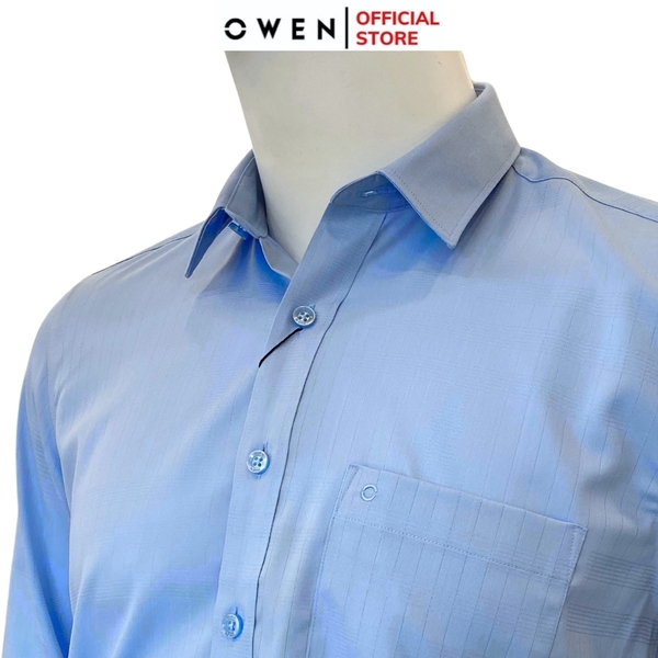 Áo Sơ Mi Nam Tay Dài Owen AR240033DT màu xanh nhạt sọc mờ dáng suông tà lượn có túi chất liệu Bamboo spandex