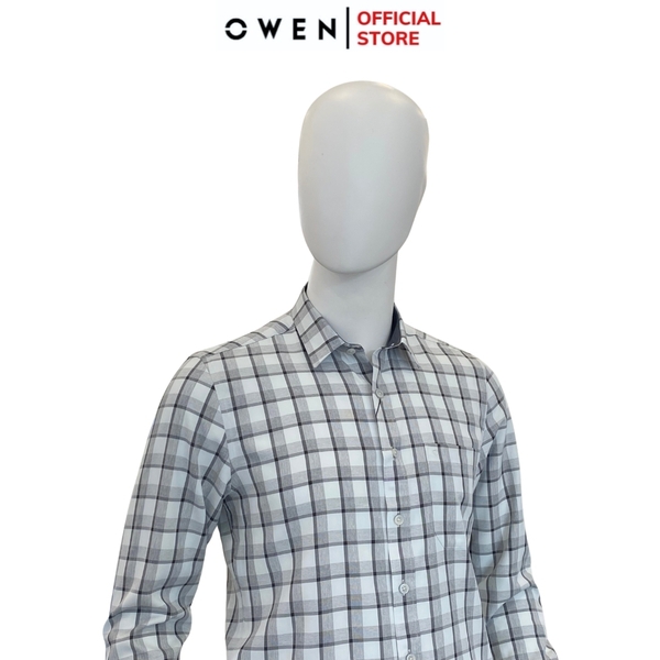 Áo Sơ Mi Nam Tay Dài Owen AR240024DT màu xám nhạt kẻ caro dáng suông tà lượn có túi chất liệu nano