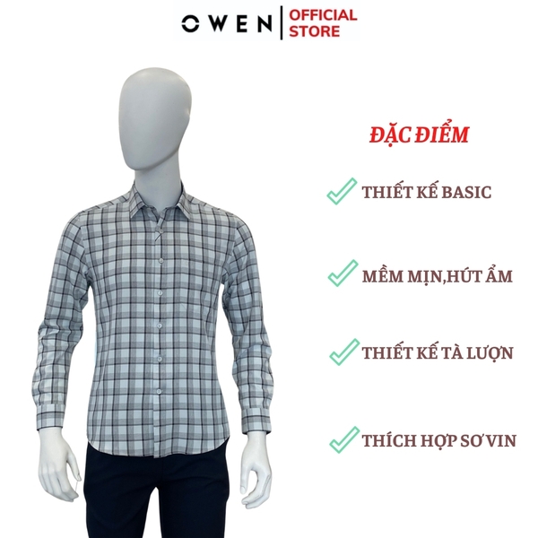 Áo Sơ Mi Nam Tay Dài Owen AR240024DT màu xám nhạt kẻ caro dáng suông tà lượn có túi chất liệu nano