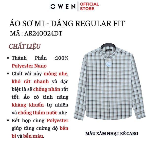 Áo Sơ Mi Nam Tay Dài Owen AR240024DT màu xám nhạt kẻ caro dáng suông tà lượn có túi chất liệu nano
