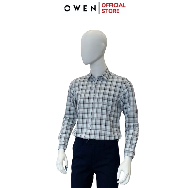 Áo Sơ Mi Nam Tay Dài Owen AR240024DT màu xám nhạt kẻ caro dáng suông tà lượn có túi chất liệu nano