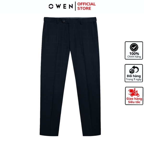 Quần Tây Nam Owen QST242407 màu đen kẻ caro dáng ôm Slim fit cạp tăng đơ chất liệu TR spandex
