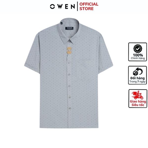 Áo Sơ Mi Nam Tay Ngắn Owen AB240063NT màu be họa tiết chấm bi dáng suông body fit tà bằng có túi chất liệu Bamboo poly