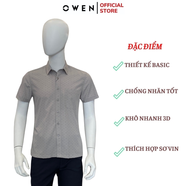 Áo Sơ Mi Nam Tay Ngắn Owen AB240063NT màu be họa tiết chấm bi dáng suông body fit tà bằng có túi chất liệu Bamboo poly