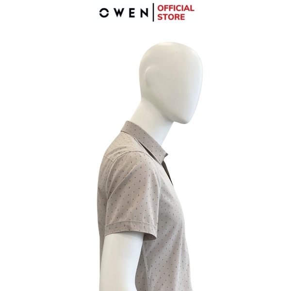 Áo Sơ Mi Nam Tay Ngắn Owen AB240063NT màu be họa tiết chấm bi dáng suông body fit tà bằng có túi chất liệu Bamboo poly