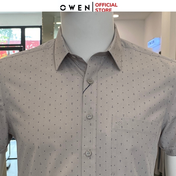 Áo Sơ Mi Nam Tay Ngắn Owen AB240063NT màu be họa tiết chấm bi dáng suông body fit tà bằng có túi chất liệu Bamboo poly