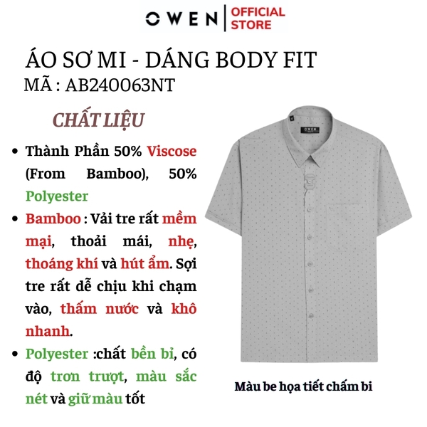 Áo Sơ Mi Nam Tay Ngắn Owen AB240063NT màu be họa tiết chấm bi dáng suông body fit tà bằng có túi chất liệu Bamboo poly