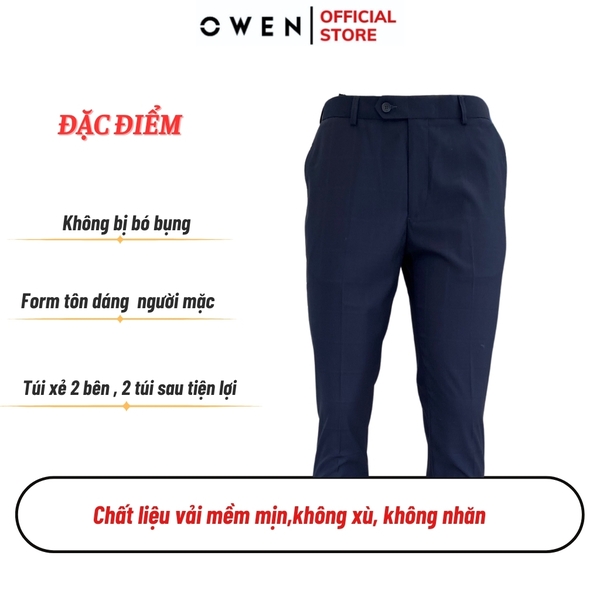 Quần Tây Nam Owen QST242407 màu đen kẻ caro dáng ôm Slim fit cạp tăng đơ chất liệu TR spandex