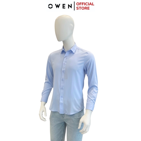 Áo Sơ Mi Nam Tay Dài Owen AS240020D màu xanh nhạt dáng slim fit tà lượn không túi chất liệu nano