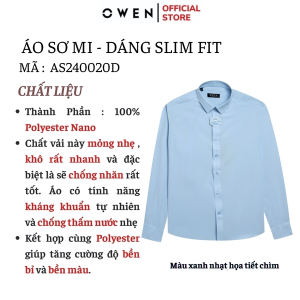 Áo Sơ Mi Nam Tay Dài Owen AS240020D màu xanh nhạt dáng slim fit tà lượn không túi chất liệu nano