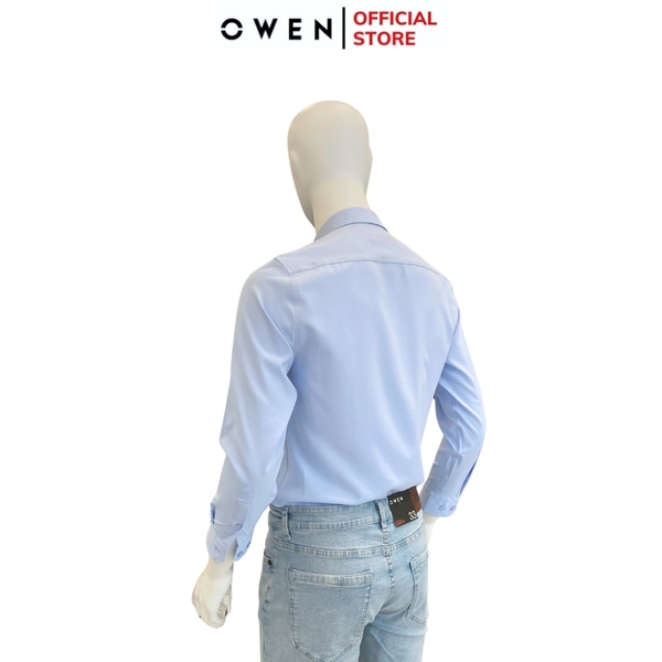 Áo Sơ Mi Nam Tay Dài Owen AS240020D màu xanh nhạt dáng slim fit tà lượn không túi chất liệu nano