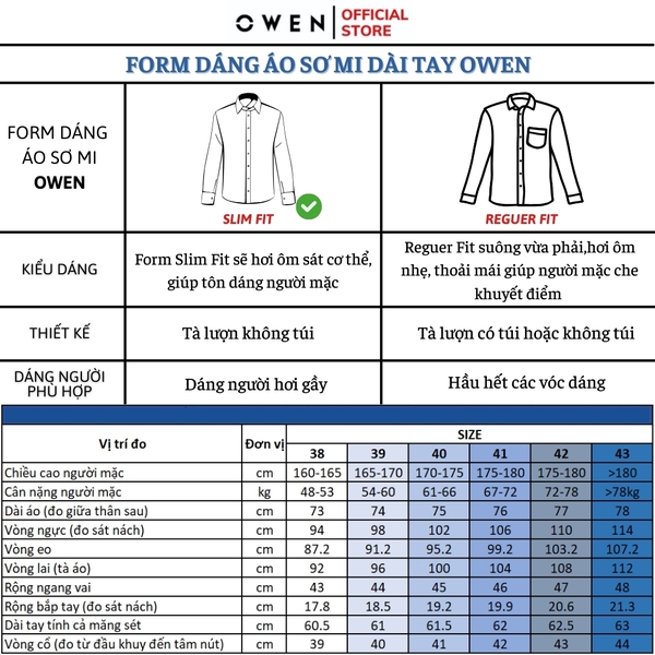 Áo Sơ Mi Nam Tay Dài Owen AS240020D màu xanh nhạt dáng slim fit tà lượn không túi chất liệu nano